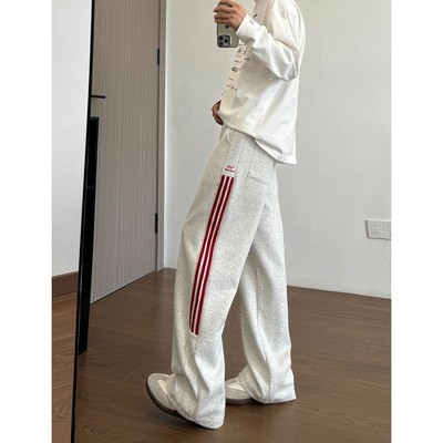 美式vibe白花灰三条杠卫裤男加绒加厚秋冬运动休闲裤潮牌直筒裤子