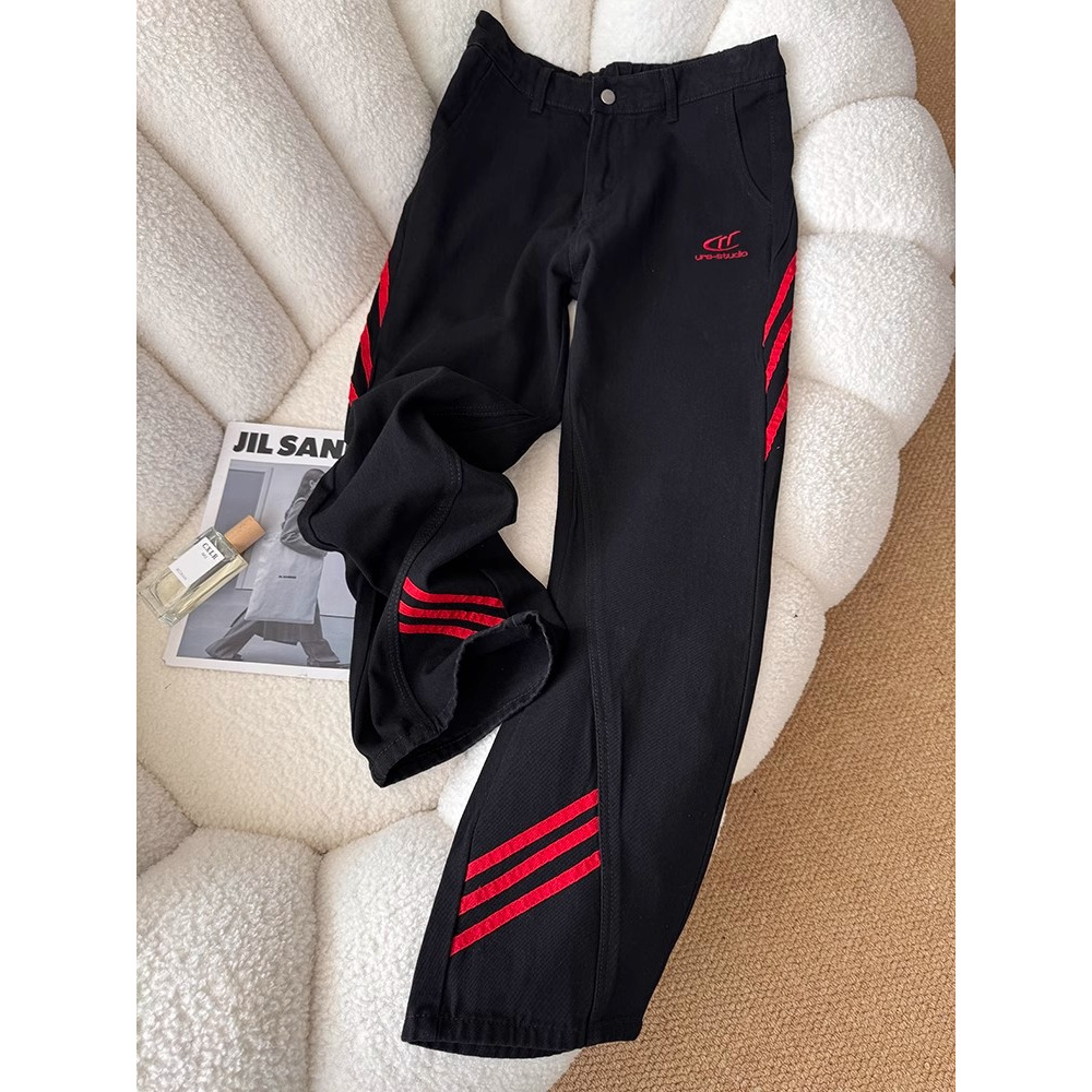 欧美hiphop炸街裤子黑红拼色直筒裤美式高街男斜杠条纹工装牛仔裤