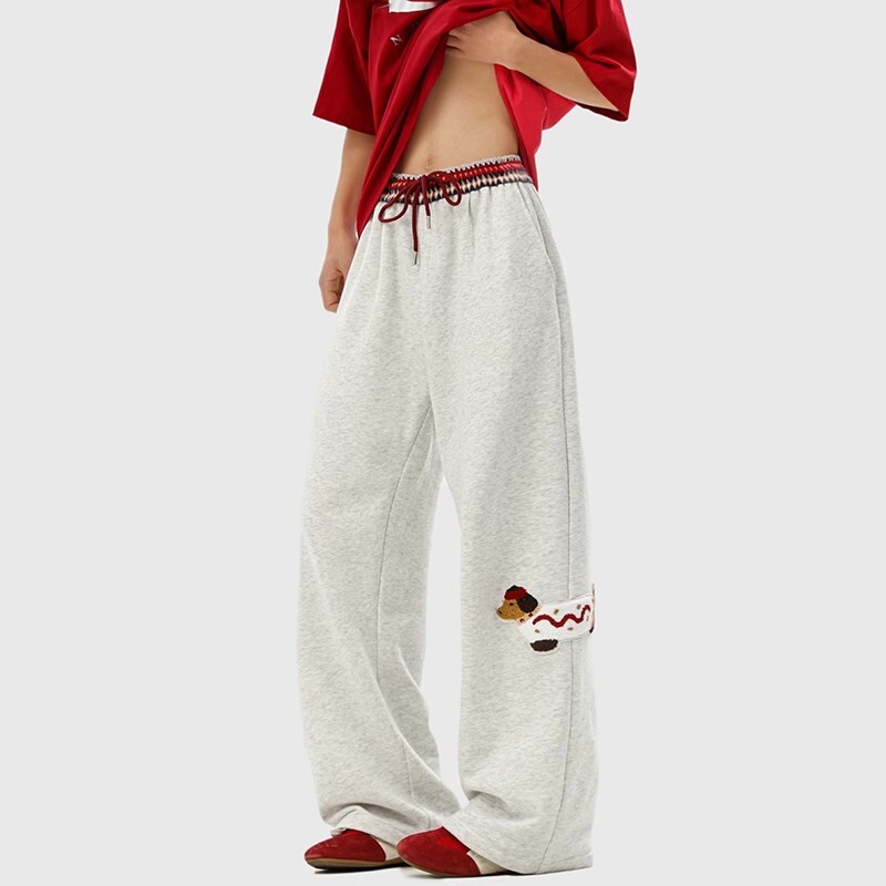 美式复古腊肠狗运动卫裤女2025新款春季宽松阔腿直筒高街休闲裤子