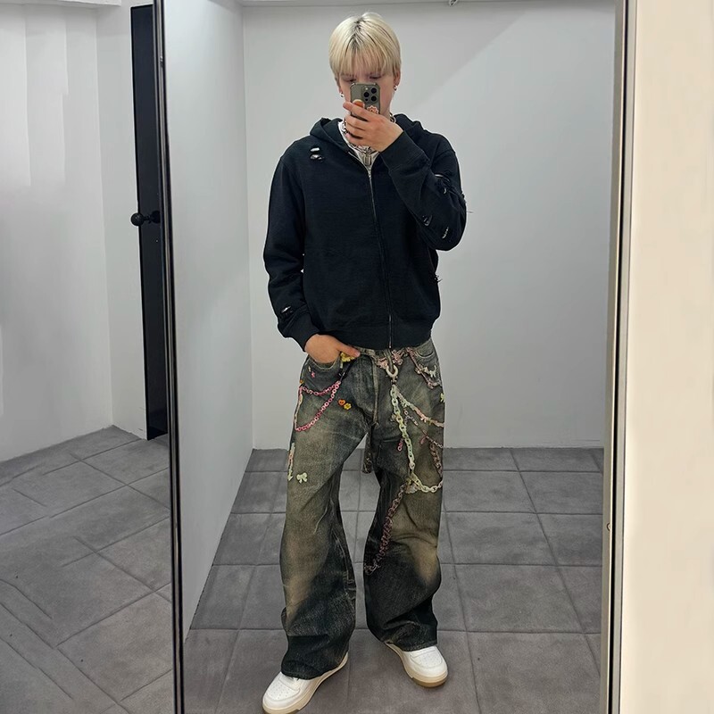 Ac风格25ss 1981M数码印花糖果裤链牛仔裤水洗做旧休闲直筒阔腿裤