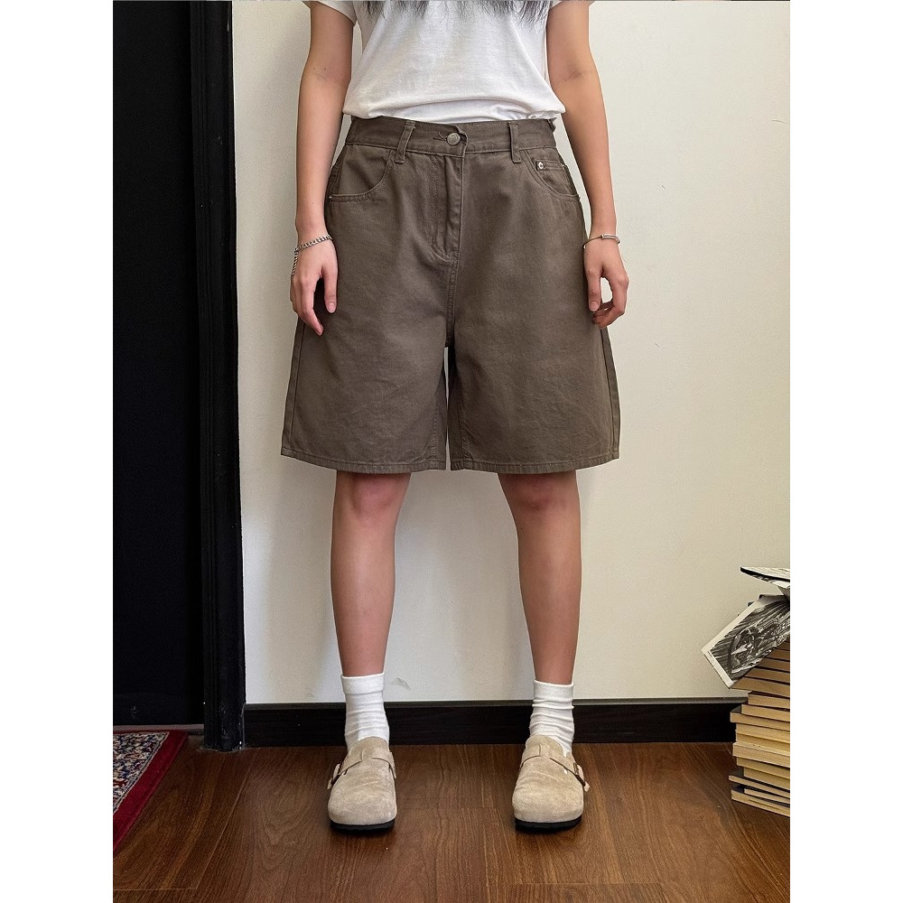 美式复古白色港风阔腿休闲牛仔短裤男女百搭宽松直筒五分短裤子