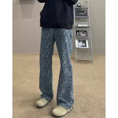 美式复古字母提花牛仔裤男款夏季潮牌cleanfit裤子高街直筒微喇裤