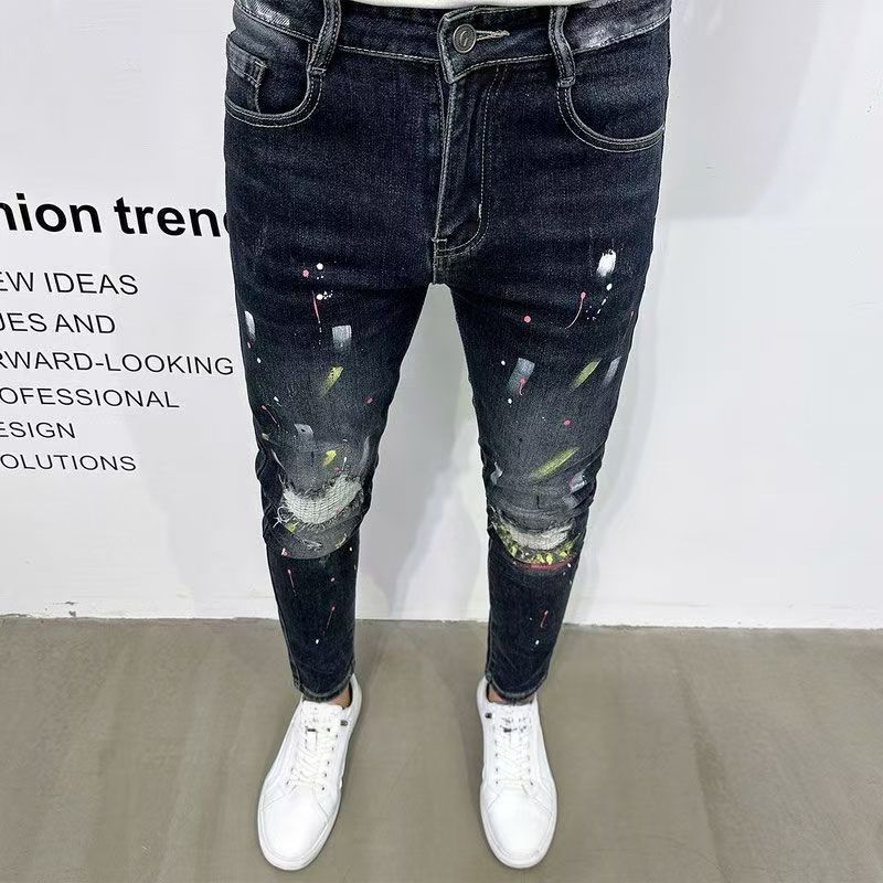 泼墨牛仔裤男潮流时尚修身小脚个性痞帅破洞针缝百搭秋冬做旧蓝色