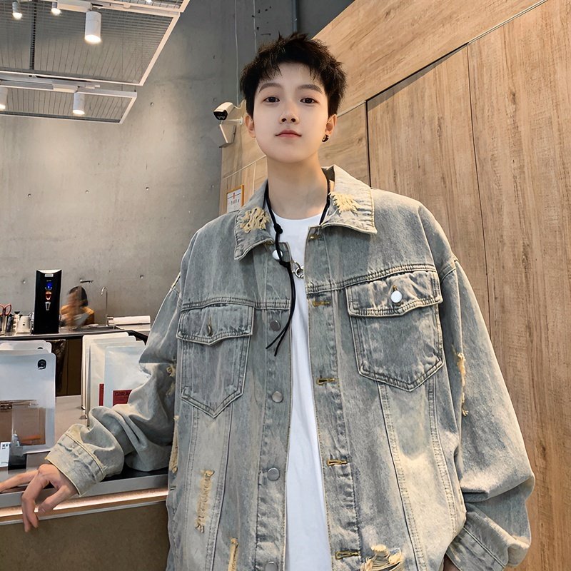 黄泥色破洞牛仔外套男春秋款潮牌痞帅高级感夹克美式复古潮流炸街