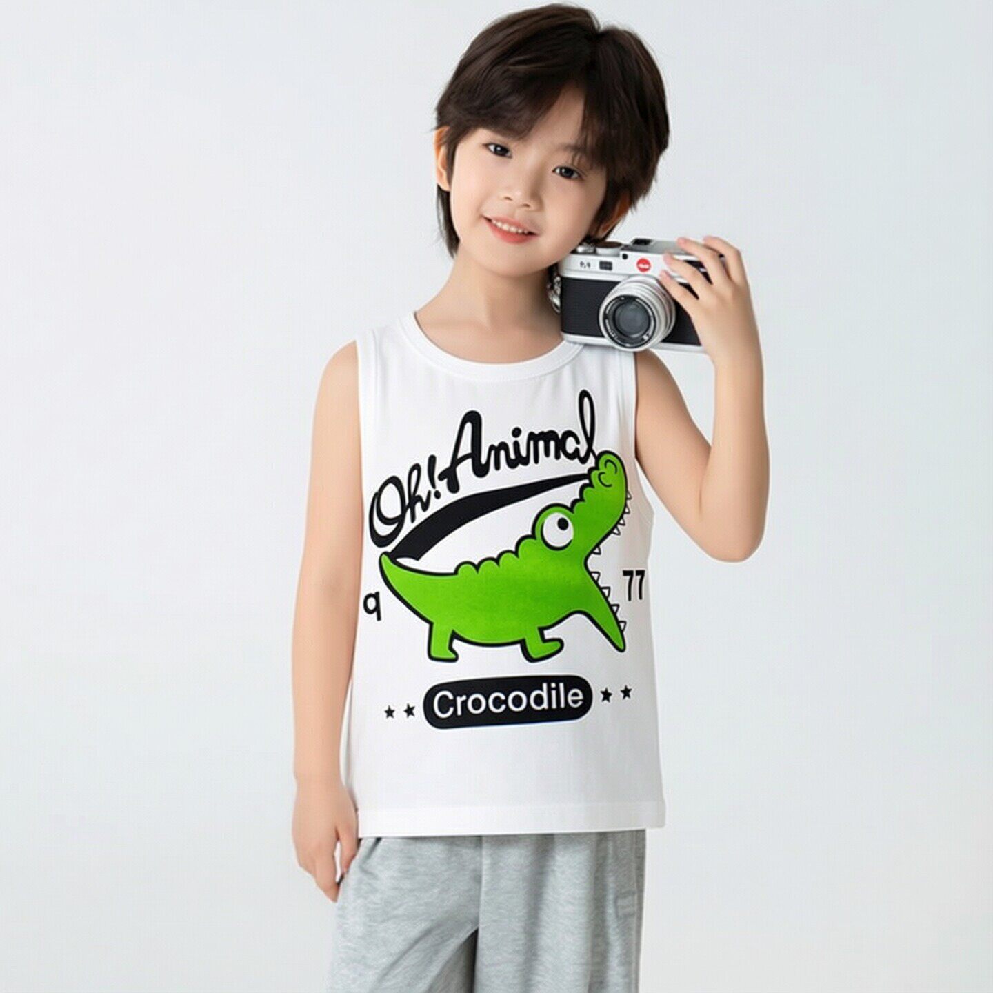 品牌外贸2026夏季新款卡通鳄鱼图案儿童圆领纯棉男童无袖运动背心
