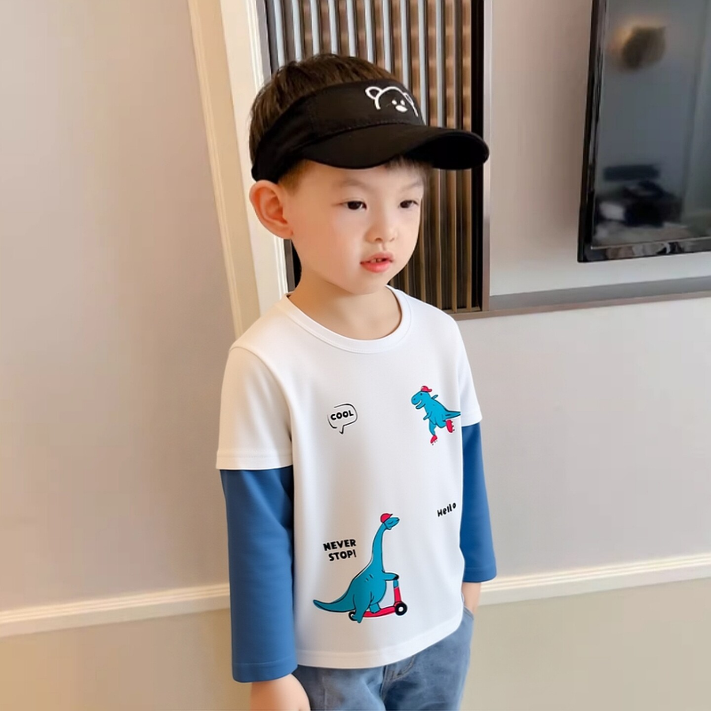 春季品牌童装宝宝衣服假两件 男孩长袖t恤卡通恐龙印花纯棉打底衫