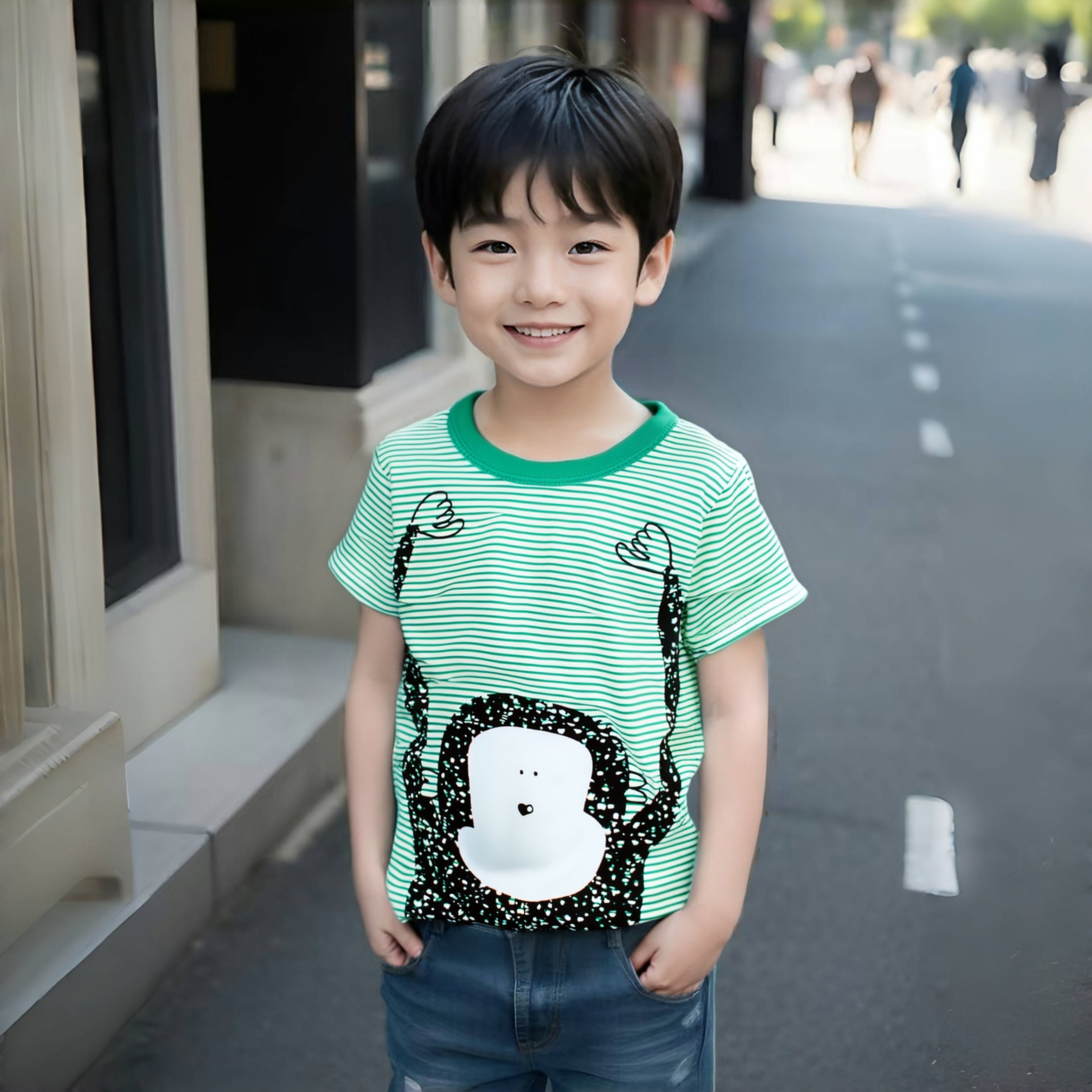 品牌童装2025夏季男童新款 儿童纯棉短袖宝宝条纹T恤卡通猴子印花
