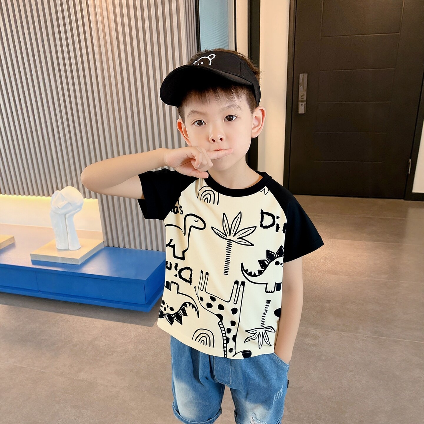 外贸童装男童短袖2026夏季新款纯棉印花卡通恐T恤儿童插肩上衣ins