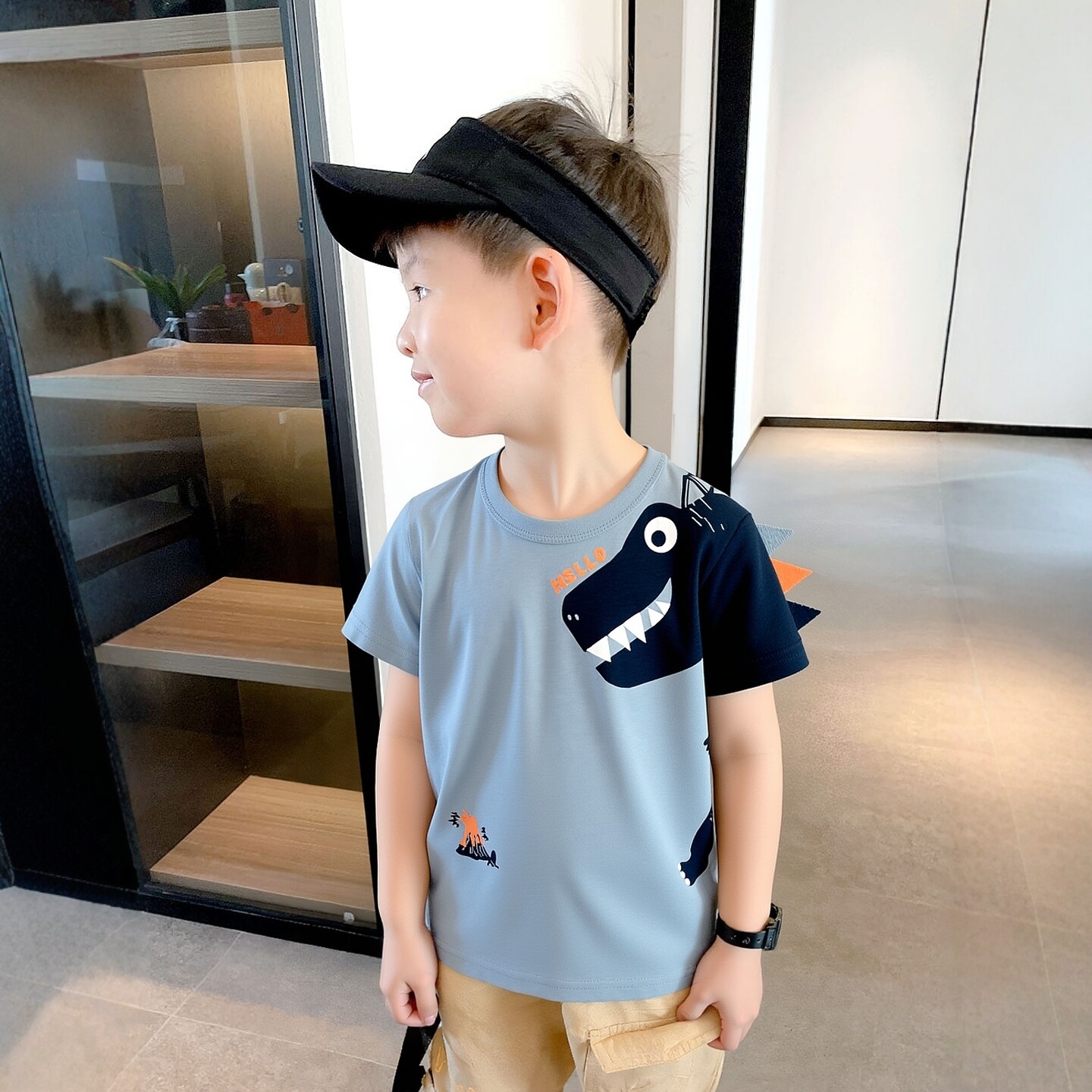 27kids韩版童装夏季新款 宝宝衣服恐龙男孩纯棉卡通印花短袖T恤衫