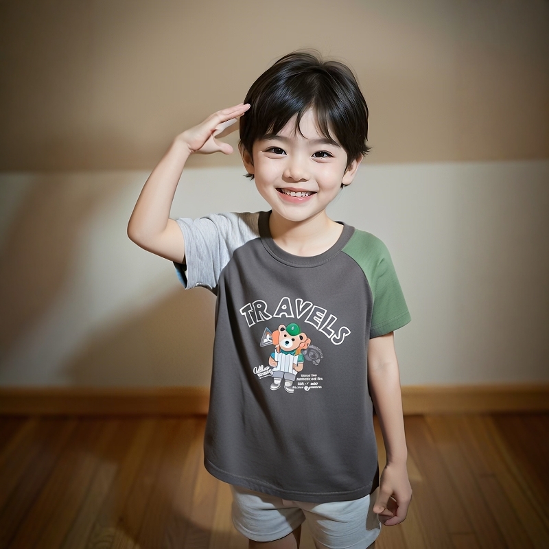 27kids儿童纯棉印花短袖t恤夏季新款 宝宝衣服男童卡通小熊拼色潮