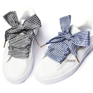 休闲森女小格子4CM宽扁宽黑白棕深蓝格大蝴蝶鞋带加长高低帮女