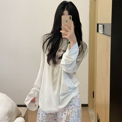 秋季230g做旧脏染1996系列字母烫钻长袖T恤男女宽松休闲百搭上衣