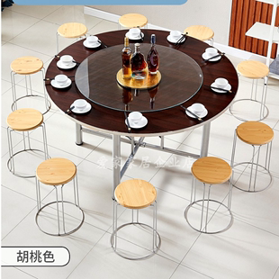 新款 加厚圆桌家用简易圆形折叠桌10人餐桌餐厅饭店食堂带转盘杉木