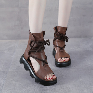 真皮罗马凉靴女2023新款夏季厚底百搭凉鞋头层牛皮鱼嘴交叉女