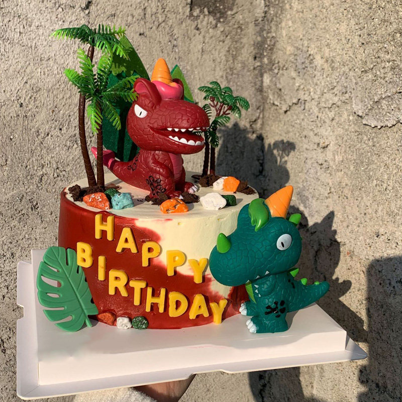 儿童宝宝生日蛋糕烘焙装饰独角小恐龙霸王龙椰树摆件树叶插件插牌