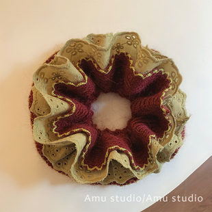 韩系秋冬毛线针织蕾丝花边双层大肠发圈女扎头发丸子头低马尾发绳