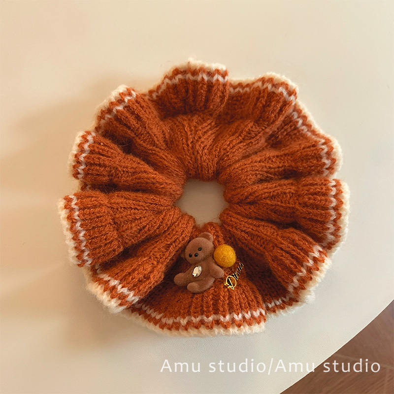 韩系秋冬毛线针织小熊大肠发圈女扎头发丸子头发绳低马尾头绳皮筋