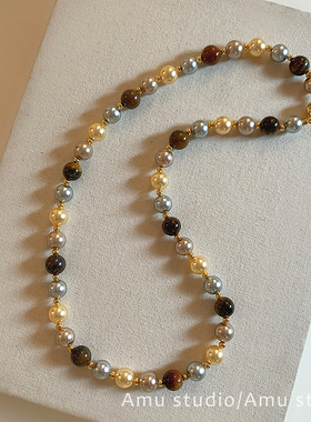 高级感轻奢小众天然虎眼石珍珠串珠项链女美拉德磁吸锁骨链毛衣链