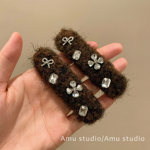 一对装~高级感轻奢水晶蝴蝶结发夹女甜美前额碎发BB夹侧边刘海夹