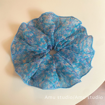 夏季薄款加大号蓝色碎花网纱大肠发圈女扎头发丸子头发绳头绳头花