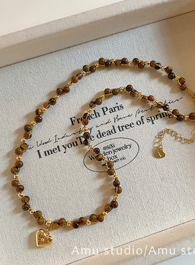 高级感轻奢小众天然虎眼石串珠爱心吊坠项链女复古百搭毛衣链锁骨