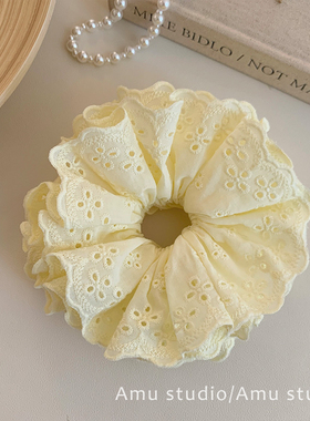 嫩黄色双层蕾丝大肠发圈少女甜美扎头发丸子头皮筋发绳头绳发饰品