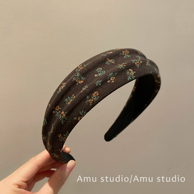 秋冬复古咖啡色碎花宽边发箍女气质日常百搭外出头箍压发发卡头饰