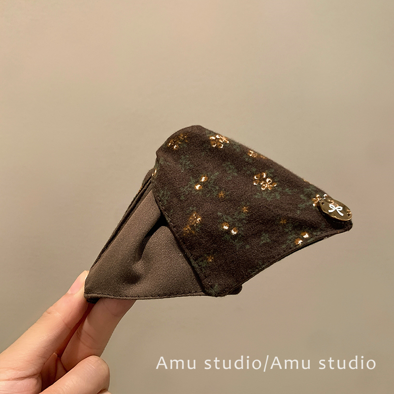 复古小众咖啡色碎花三角贝壳抓夹女气质后脑勺盘发鲨鱼夹发夹头饰