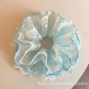 春季 甜美蓝色蕾丝花朵大肠发圈女扎头发丸子头发绳低马尾头绳 新款