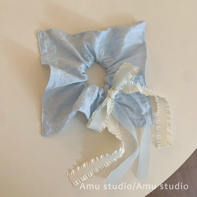 蓝色大蝴蝶结飘带方巾大肠发圈女韩系方形扎头发丸子头低马尾发绳