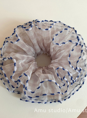 韩系大号灰色格纹网纱四层大肠发圈女扎头发丸子头发绳低马尾头绳