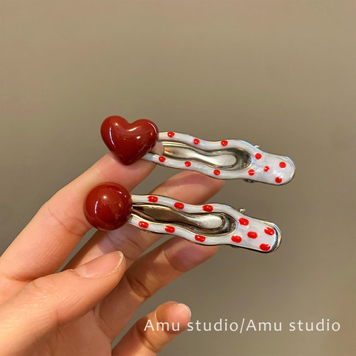 一对装红色波点爱心发夹女2025新款侧边刘海夹前额碎发鸭嘴夹发卡