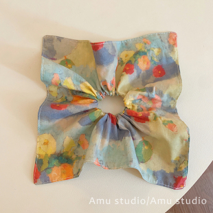 甜美油画方巾大肠发圈女韩系方形扎头发丸子头发绳低马尾头绳皮筋