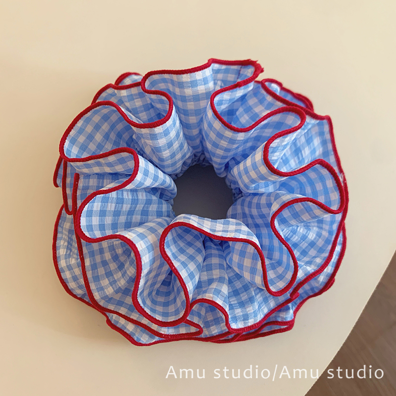 蓝色格子四层大肠发圈女韩系甜美扎头发丸子头发绳低马尾头绳皮筋