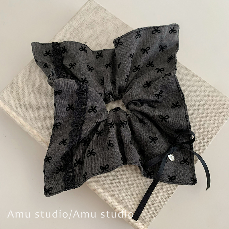 灰色蝴蝶结丝带方巾发圈大肠圈女韩系方形发绳低马尾头绳皮筋发饰