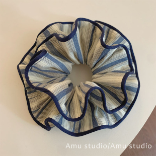 韩系藏青条纹包边双层大肠发圈女气质扎头发丸子头发绳低马尾头绳