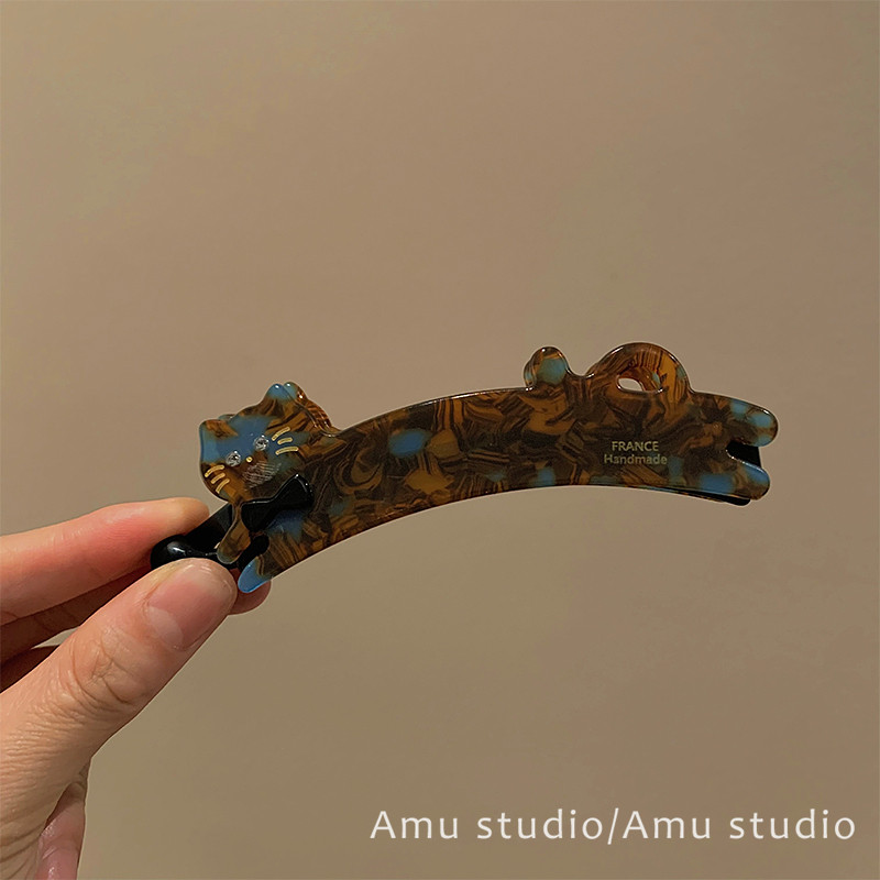 高级感醋酸猫咪香蕉夹女复古玳瑁纹防滑竖夹气质盘发马尾发夹发卡