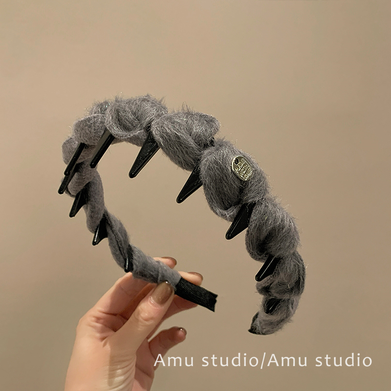 韩系灰色毛绒麻花编织带齿防滑发箍女气质增高颅顶头箍发卡头饰品