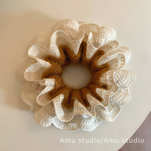 韩系慵懒风毛线针织蕾丝花边双层大肠发圈女扎头发丸子头发绳头绳