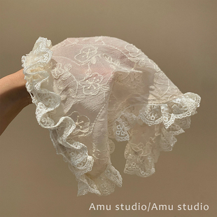 超仙蕾丝花边三角头巾发箍一体式女甜美海边度假拍照头箍发饰头饰