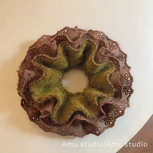 芥末绿羊毛针织毛线蕾丝花边双层大肠发圈女韩系扎头发丸子头发绳