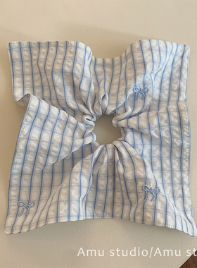 韩系蓝色格纹刺绣蝴蝶结方巾大肠发圈女方形扎头发低马尾发绳头绳