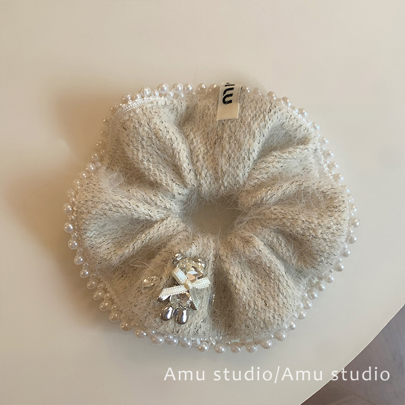 高级感秋冬毛绒水晶小熊珍珠大肠发圈女韩系扎头发丸子头发绳头绳