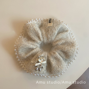 高级感秋冬毛绒水晶小熊珍珠大肠发圈女韩系扎头发丸子头发绳头绳