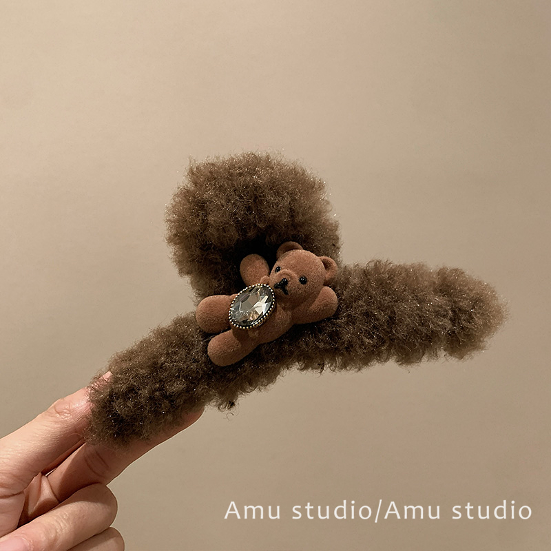 韩系秋冬咖啡色毛绒小熊大号抓夹女2025新款后脑勺盘发鲨鱼夹发夹