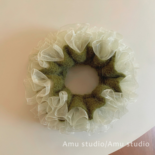 秋冬甜美芥末绿毛线针织蕾丝花边双层大肠发圈女扎头发丸子头发绳