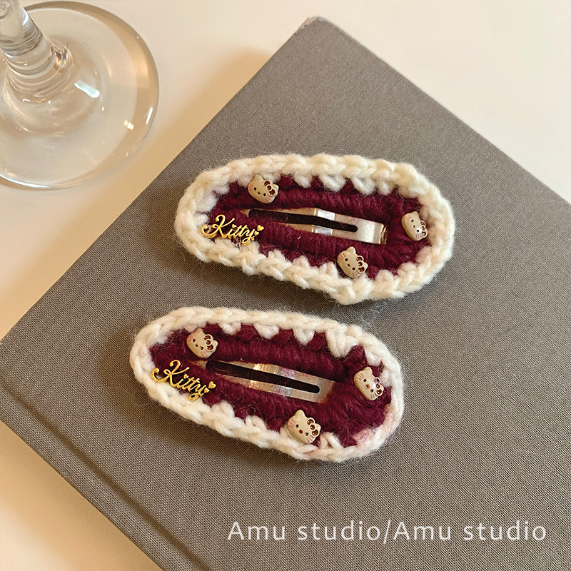 可爱卡通kt猫手工毛线针织发夹女前额碎发BB夹侧边刘海夹发卡头饰