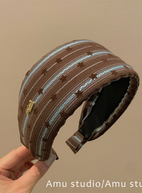 高品质金标深棕蓝纹星星宽边发箍韩式新款气质百搭高颅顶压发头箍