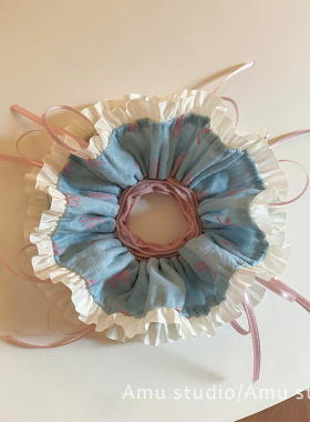 韩国新款蓝色蝴蝶结印花双层大肠发圈女韩系扎头发丸子头发绳头绳