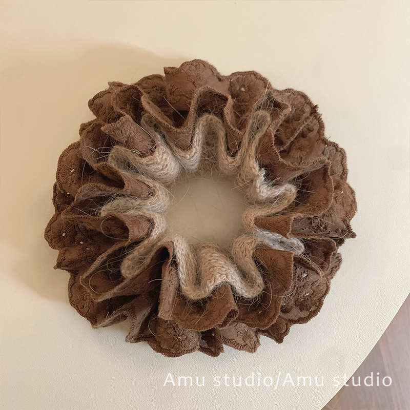 慵懒风毛线针织蕾丝花边双层大肠发圈女甜美扎头发丸子头发绳头绳